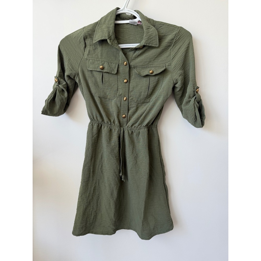 Love To Be Loved Girls Olive Green Utility Shirt Dress Size 8 IMD9575 Roll Tab